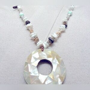 Beaded necklace with mosaic abalone shell mother of pearl medallion